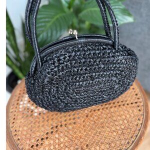 Vintage Black Woven Round Straw Handbag